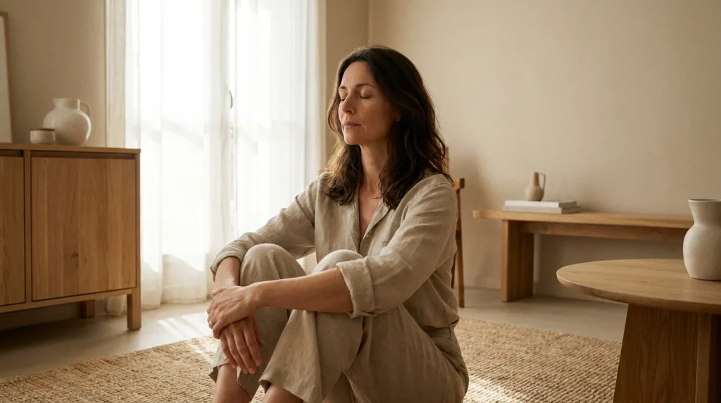 Femme en séance de libération émotionnelle profonde dans un cadre apaisant
