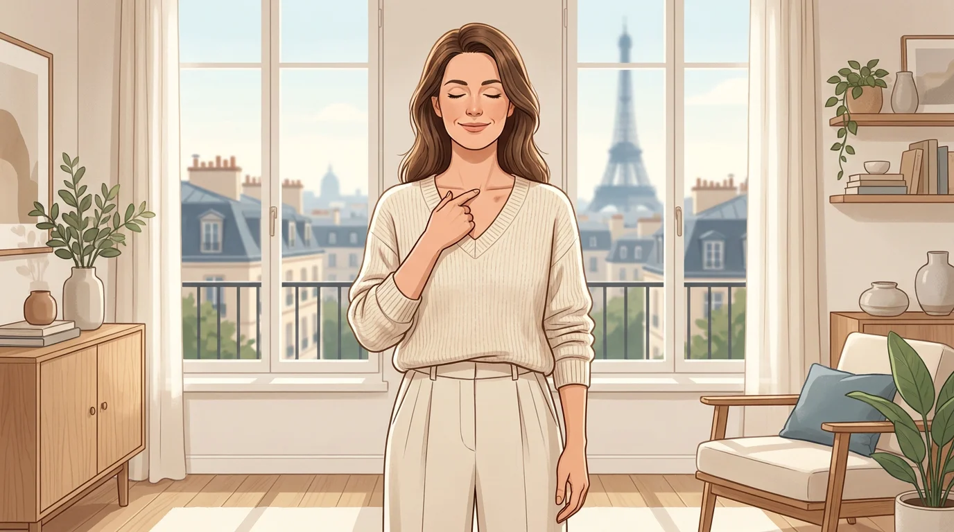 Femme pratiquant le tapping EFT en tapotant sous la clavicule dans un cadre lumineux