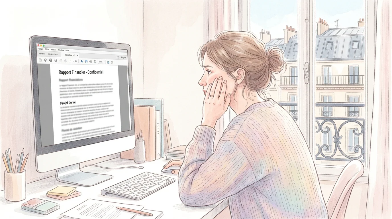 Femme entrepreneuse consultative un guide d'exercices d'EFT sur son ordinateur avec un air songeur