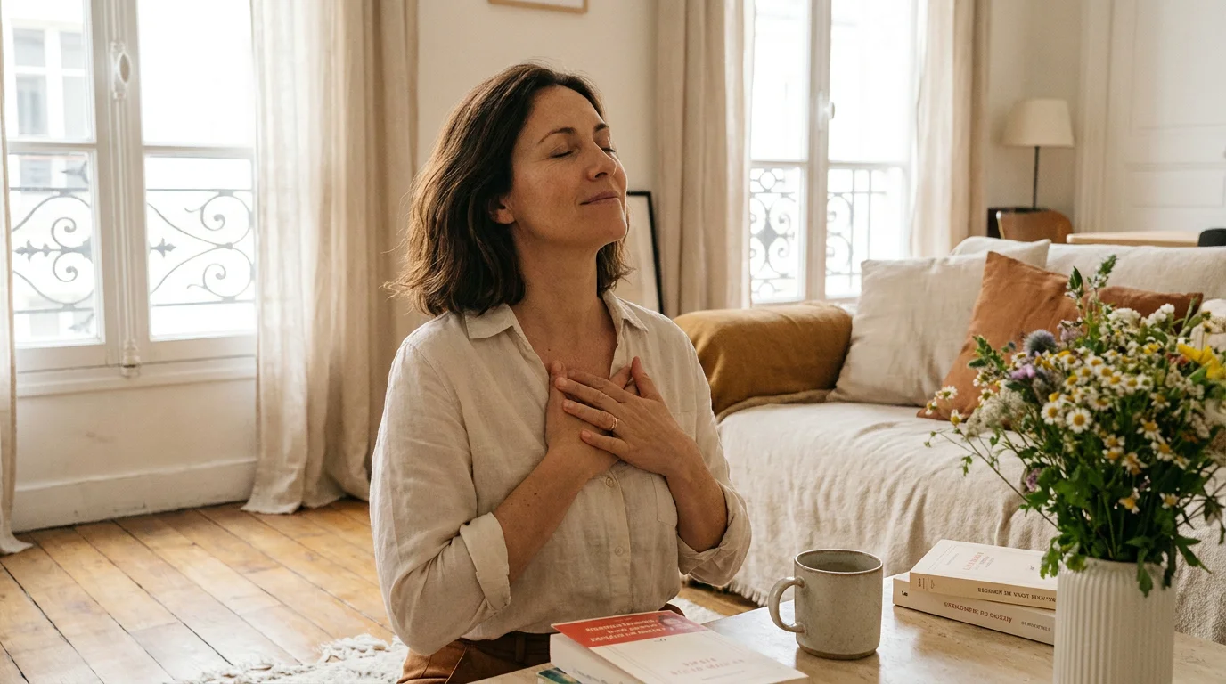 Femme en séance de libération émotionnelle profonde, les mains sur le cœur