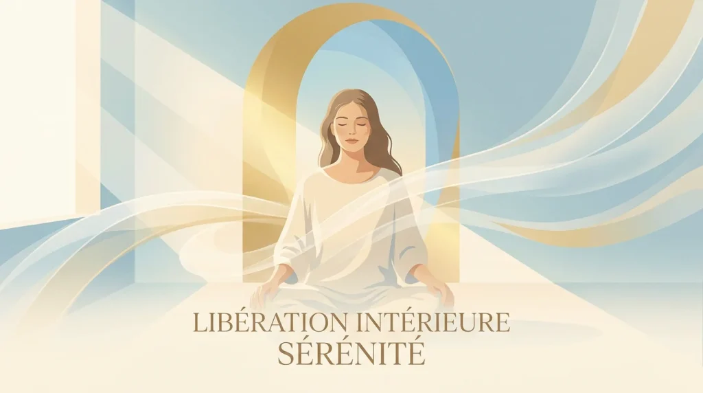 Femme en état de libération émotionnelle profonde entourée de lumière dorée