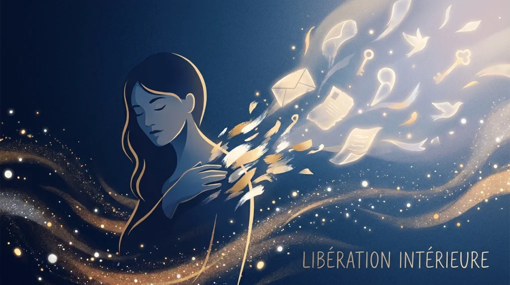 Femme en pleine libération émotionnelle entourée de lumières symbolisant la transformation intérieure