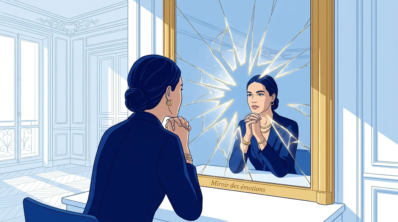 Femme en introspection face à un miroir symbolisant les fragments émotionnels à libérer