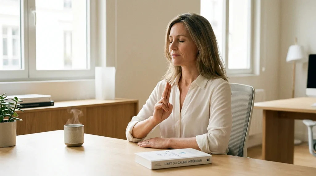 Femme pratiquant le tapping EFT dans un intérieur français lumineux