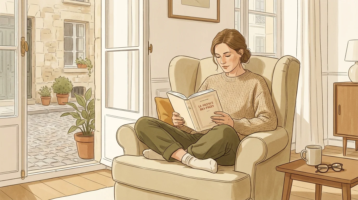 Femme lisant un livre sur les exercices d'EFT dans un intérieur français lumineux