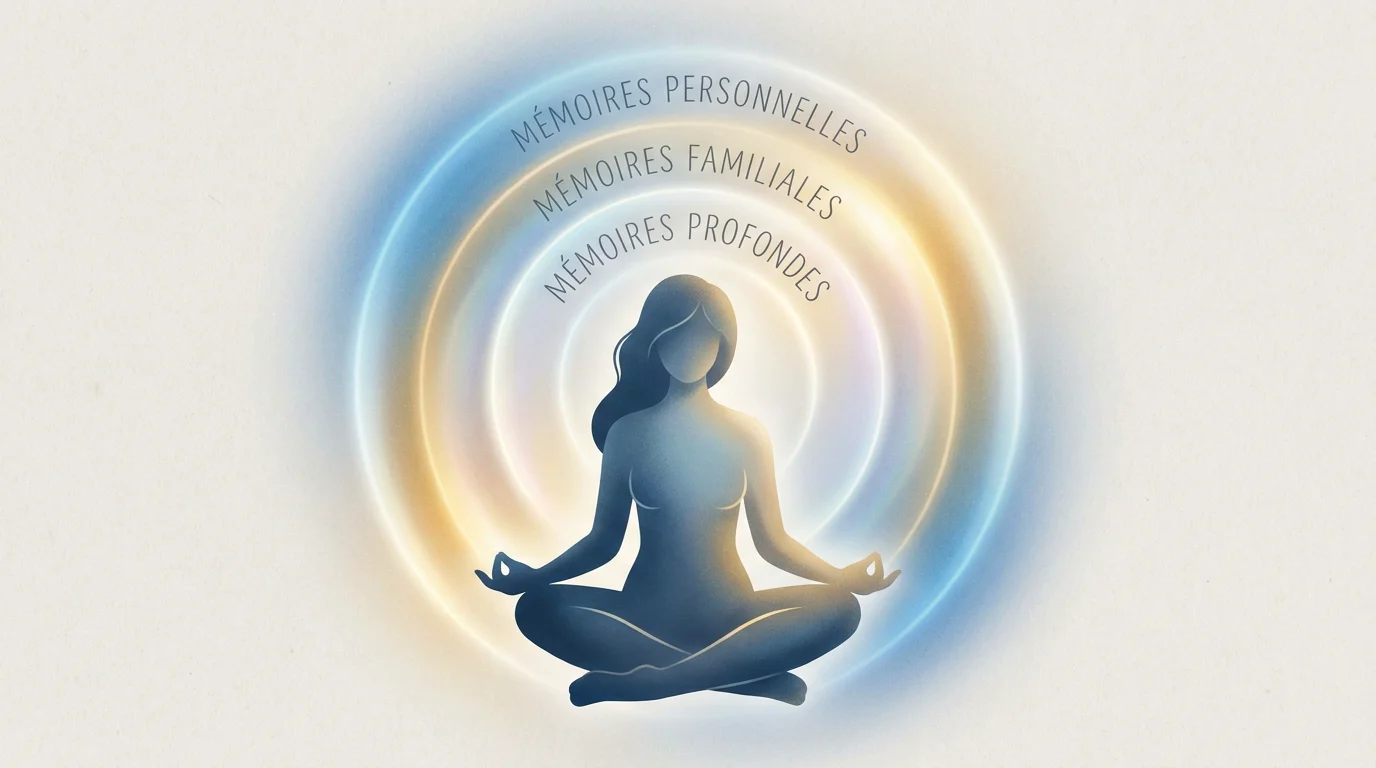 Illustration des couches de mémoires émotionnelles entourant une femme en introspection