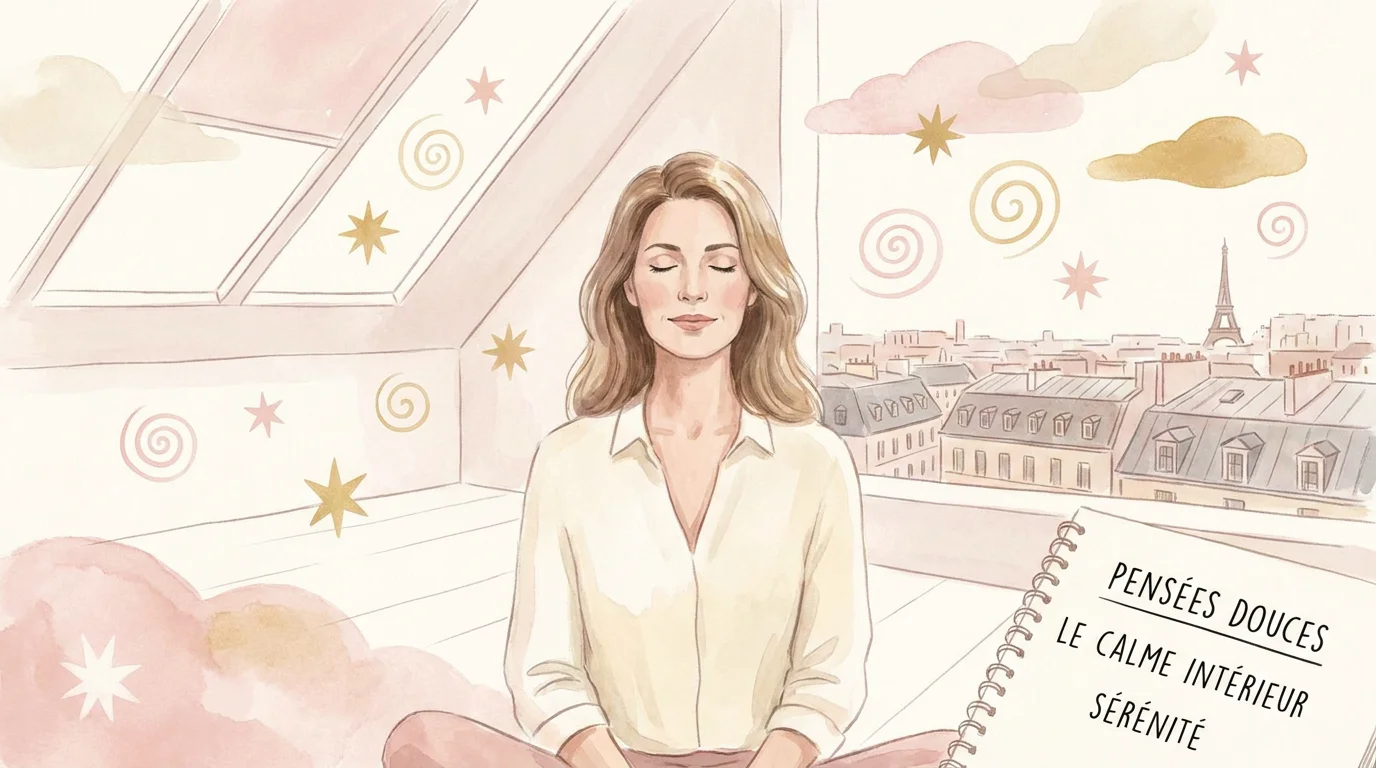 Femme méditant avec des pensées positives qui restent en suspension, illustrant les limites de la loi de l'attraction