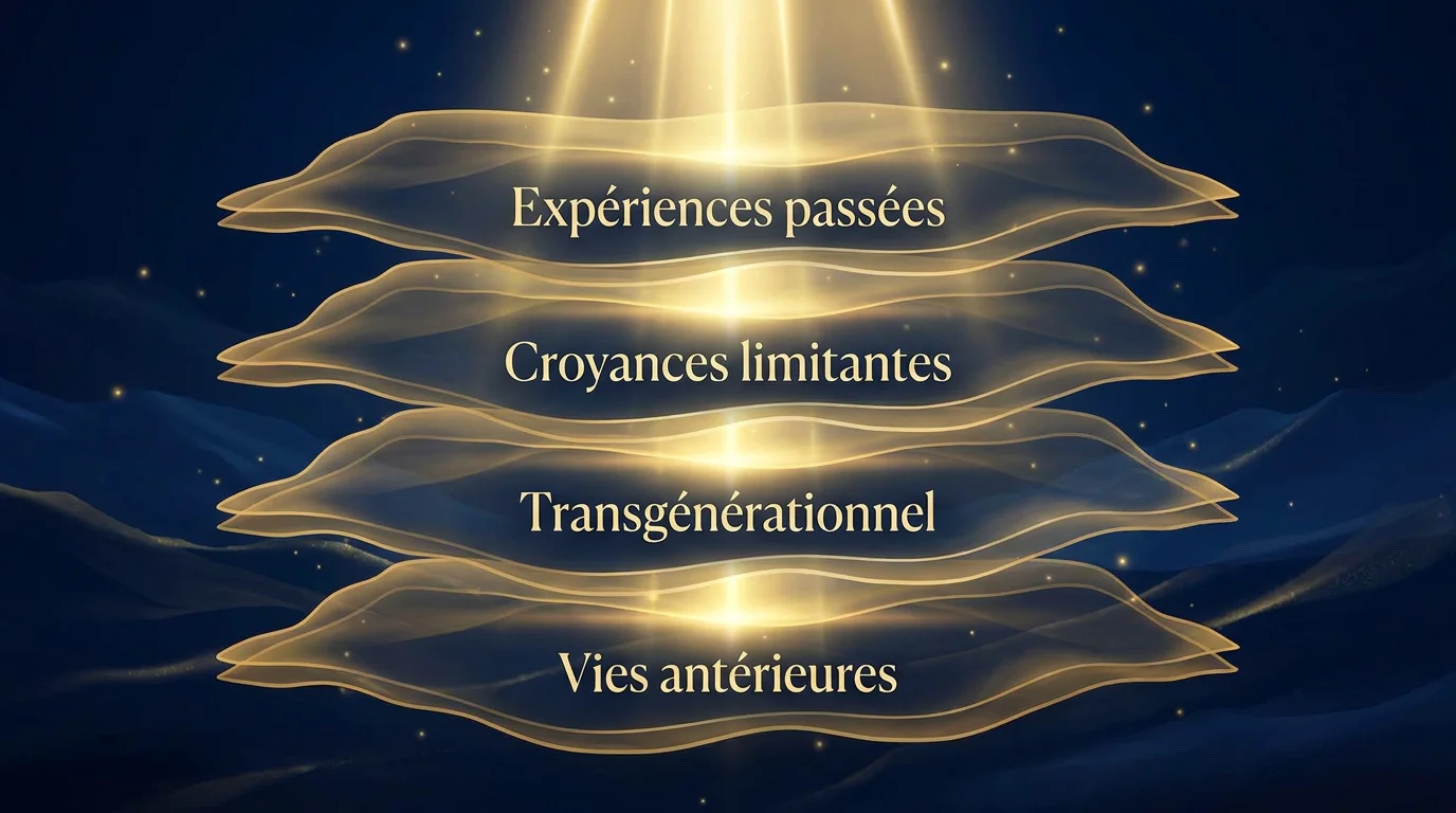 Illustration des quatre niveaux de mémoires inconscientes à libérer pour dépasser les limites de la loi de l'attraction