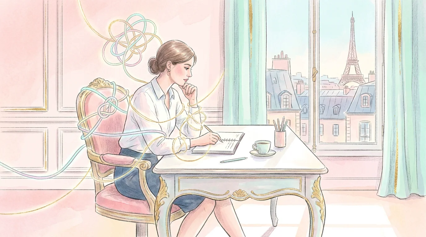 Femme entrepreneuse retenue par des fils invisibles symbolisant l'auto-sabotage inconscient