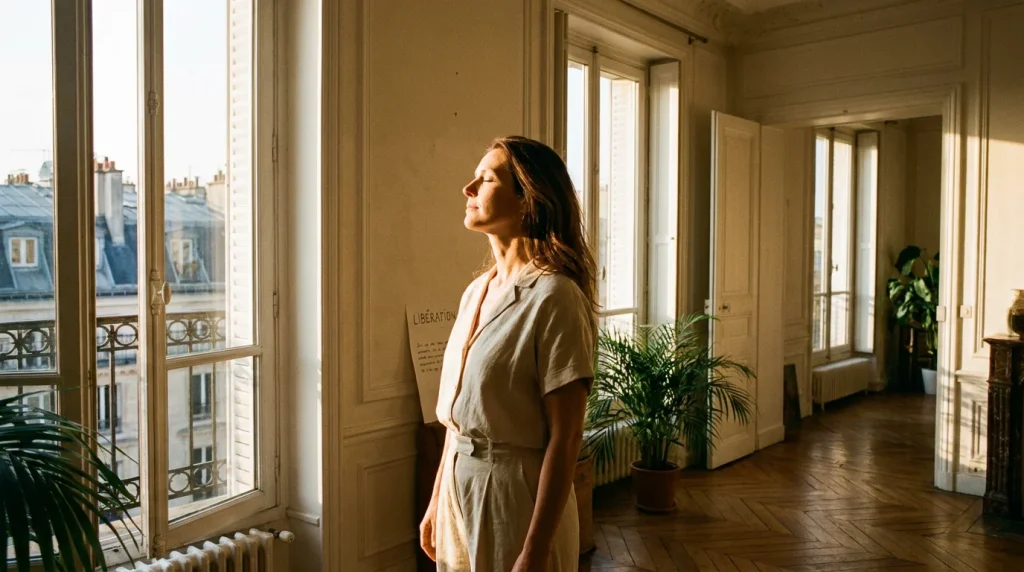 Femme sereine tournée vers la lumière symbolisant la libération émotionnelle