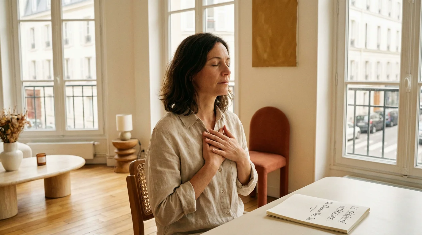 Femme en posture de libération émotionnelle profonde dans un cadre lumineux