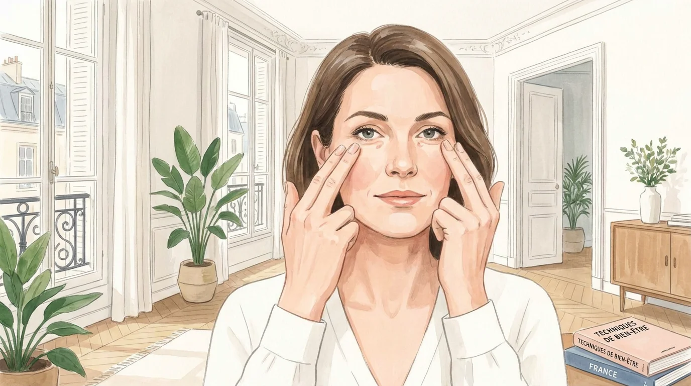 Femme pratiquant un exercice d'EFT en tapotant un point méridien sous l'œil