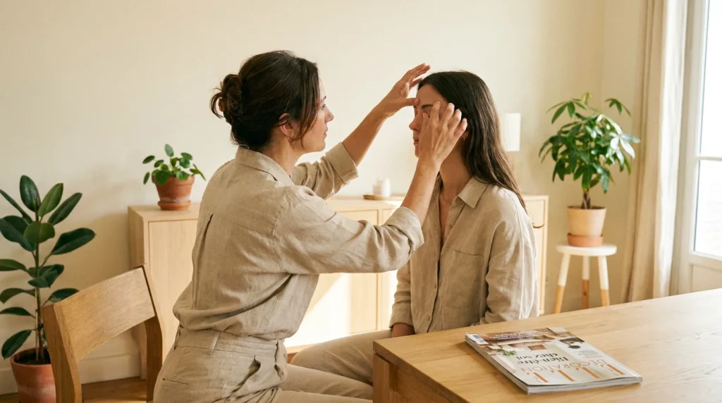Femme pratiquant le tapping EFT sur les points du visage dans un intérieur français