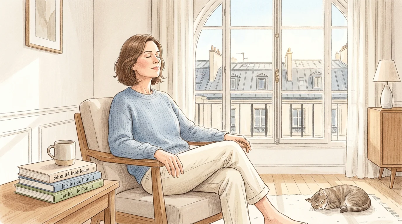 Femme réfléchissant aux effets de l'EFT dans un intérieur lumineux en France