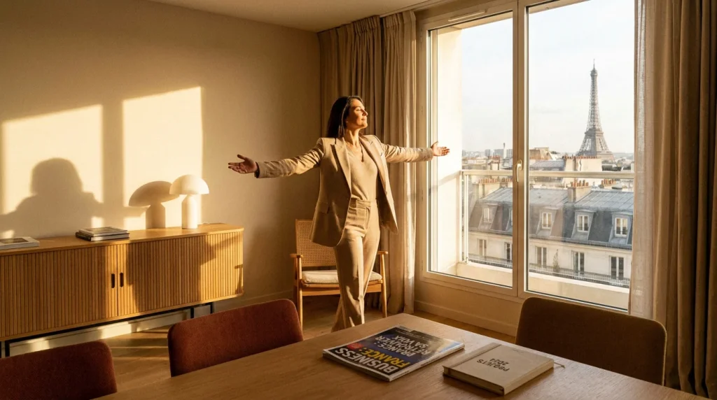 Femme entrepreneure incarnant la libération psycho-émotionnelle et la confiance retrouvée