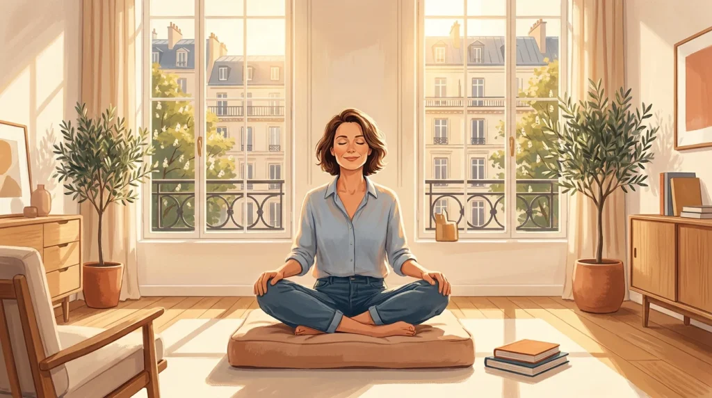 Femme sereine en séance de libération émotionnelle profonde