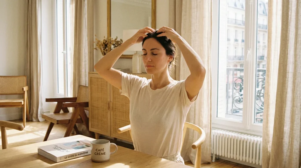 Femme pratiquant le tapotement EFT au sommet de la tête dans un cadre apaisant