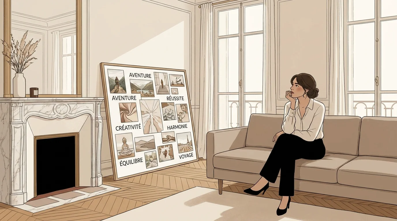 Femme pensive devant son tableau de vision, questionnant la loi de l'attraction
