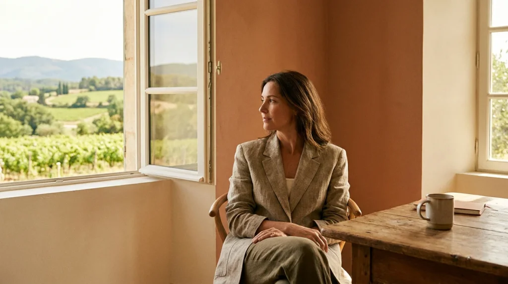 Femme sereine regardant vers l'horizon, en quête de son but de vie