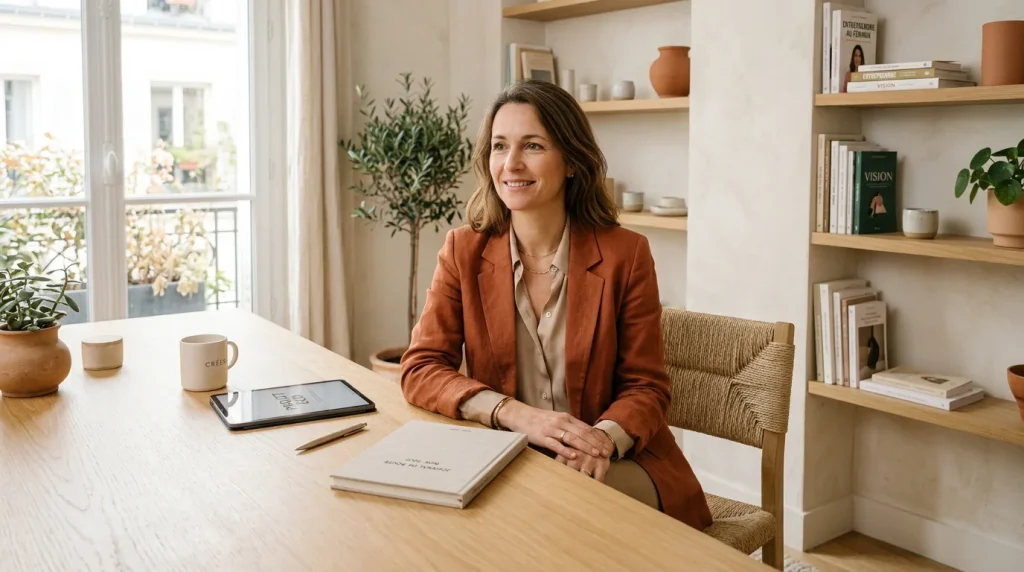Femme entrepreneure sereine dans un intérieur lumineux, symbole de libération émotionnelle