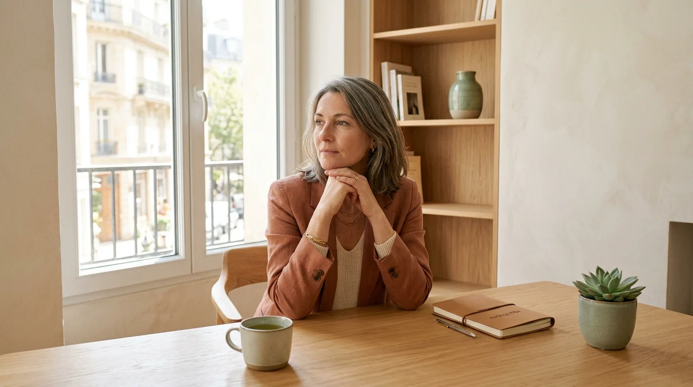 Femme entrepreneure pensive à son bureau réfléchissant à ses blocages émotionnels