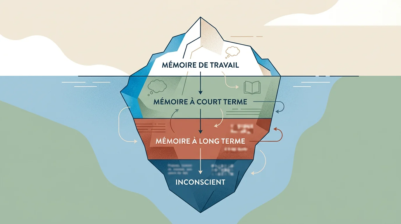 Illustration des quatre niveaux de mémoires inconscientes en forme d'iceberg