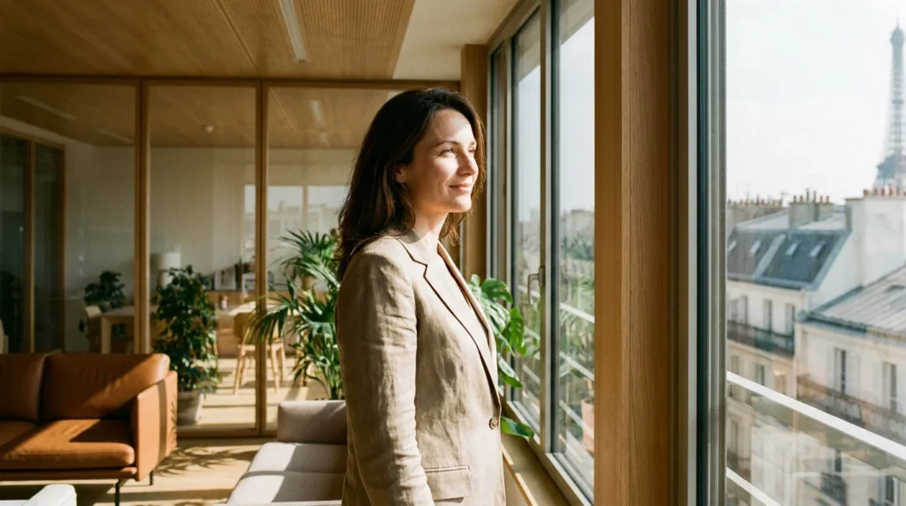 Femme entrepreneure confiante et sereine dans un bureau lumineux