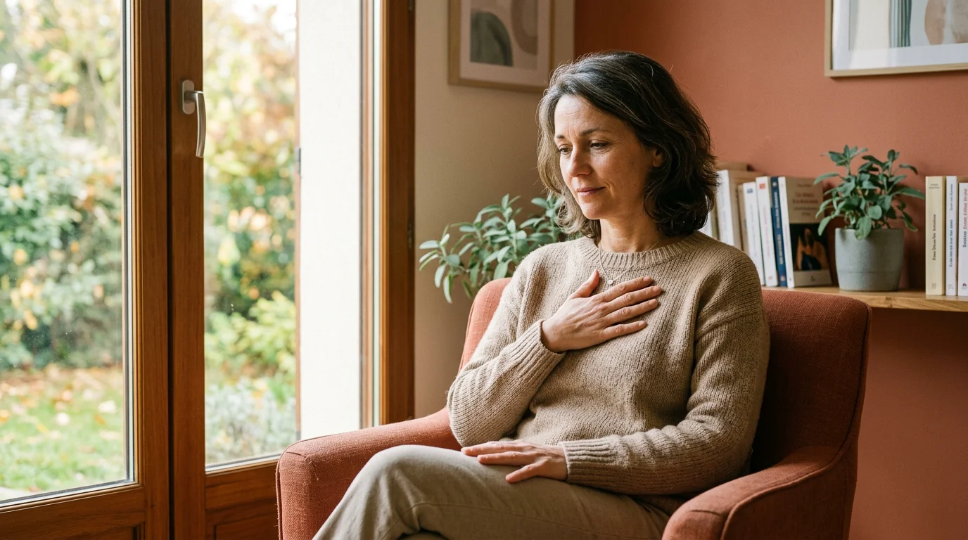 Femme posant sa main sur sa poitrine, illustrant le lien entre le corps et les émotions