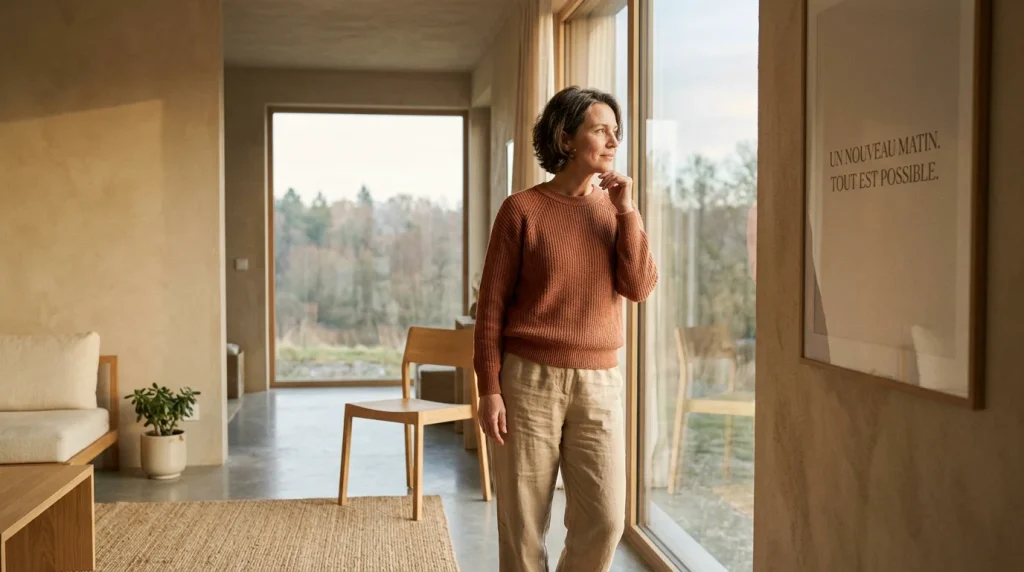Femme sereine regardant par une fenêtre dans une lumière chaleureuse