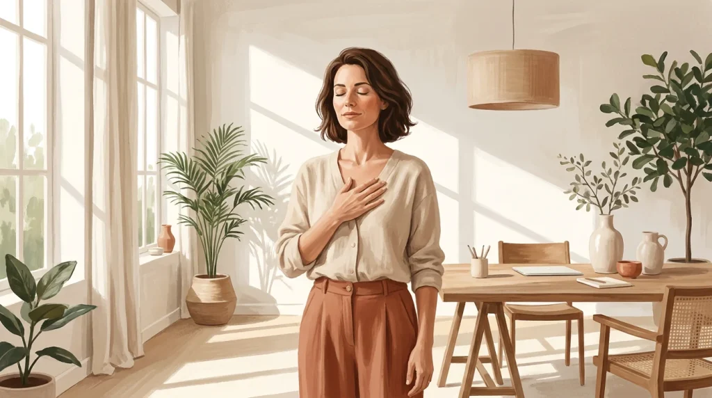 Femme entrepreneure pratiquant un exercice de recentrage émotionnel dans un espace de travail lumineux