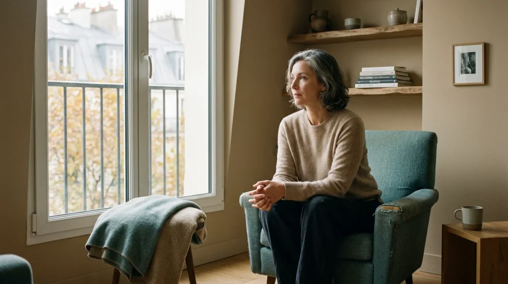 Femme pensive près d'une fenêtre, évoquant l'introspection sur son enfance