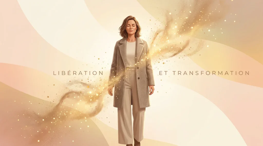 Femme en pleine résolution émotionnelle entourée de particules lumineuses symbolisant la libération