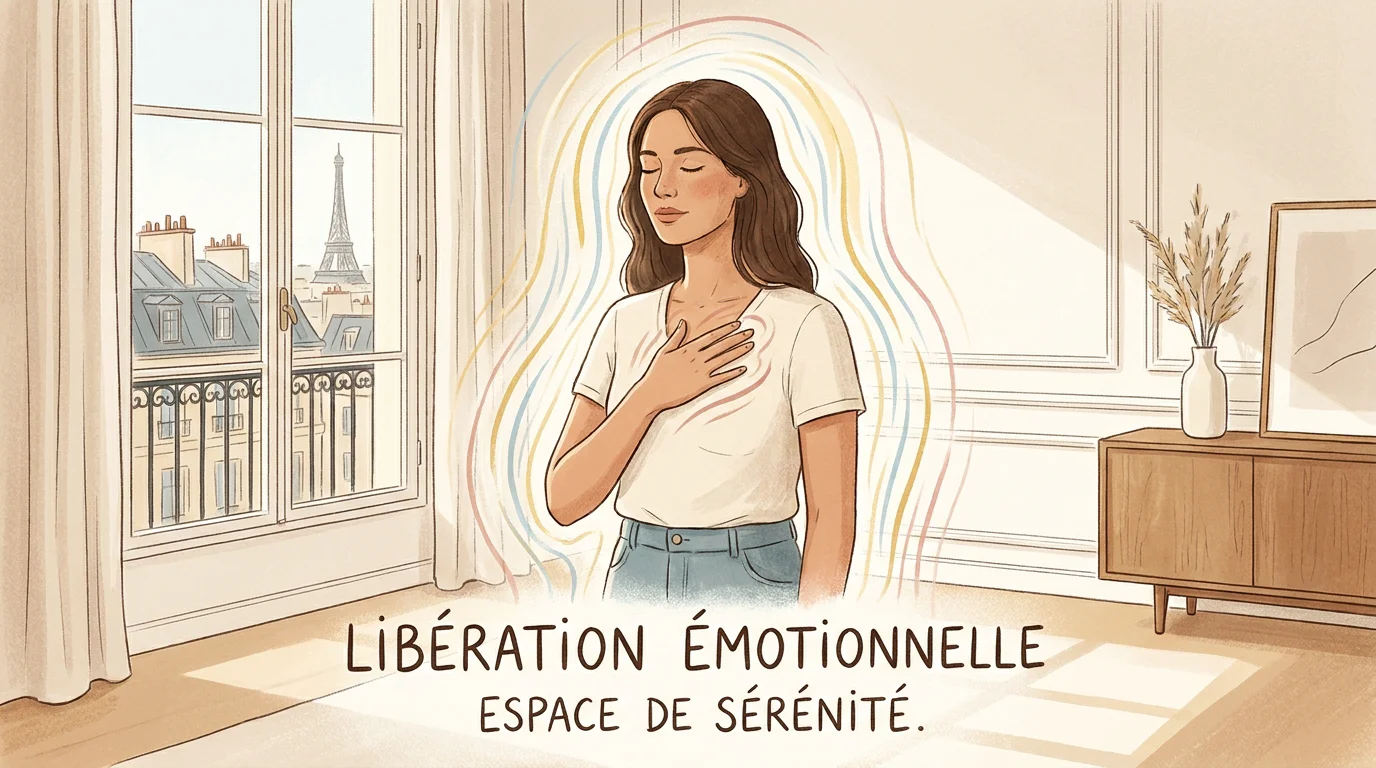Femme en pleine résolution émotionnelle les yeux fermés avec des lignes d'énergie subtiles