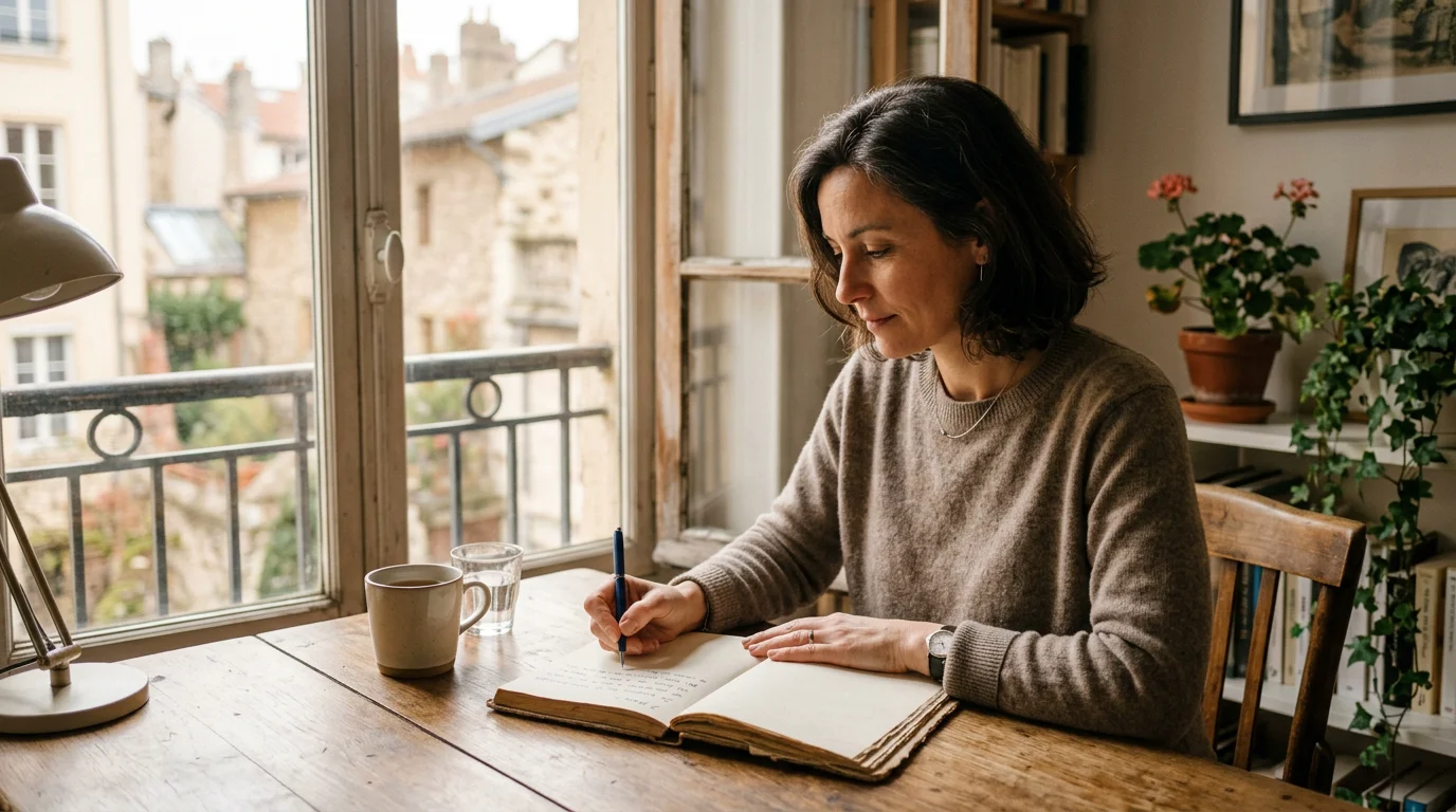 Femme pratiquant l'introspection en écrivant dans un carnet près d'une fenêtre
