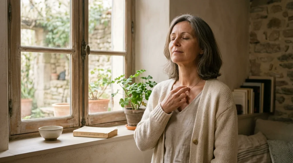 Femme apaisée pratiquant le tapotement sur le point de la clavicule