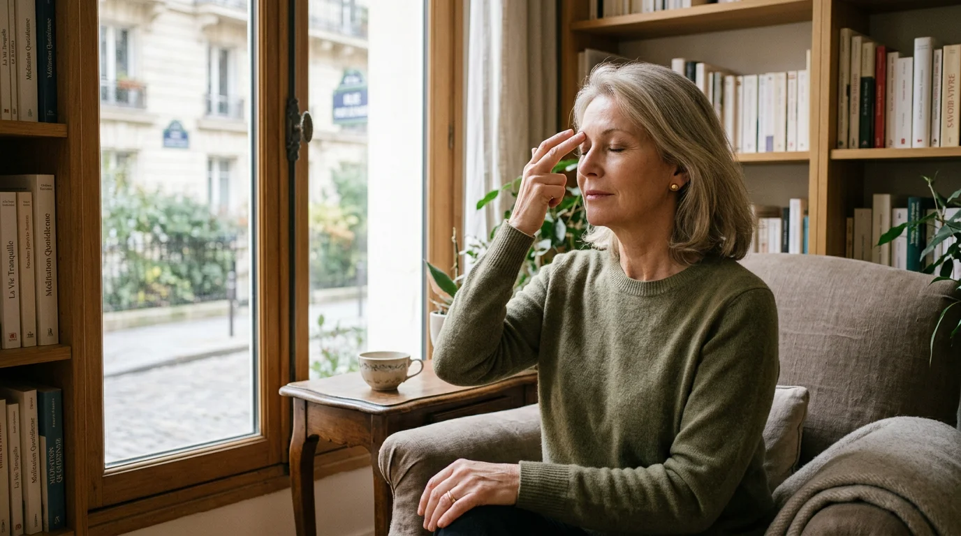 Femme tapotant le point du début du sourcil en lumière naturelle