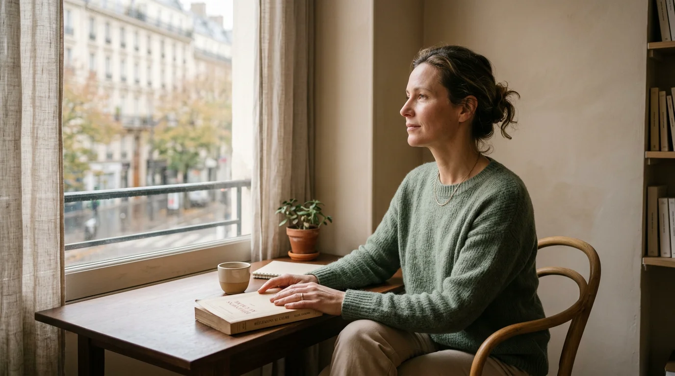 Femme pensive près d'une fenêtre réfléchissant à son estime de soi