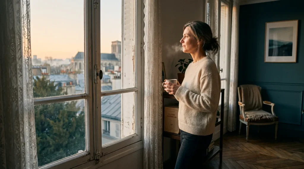 Femme apaisée symbolisant la libération des traumatismes et le renouveau intérieur