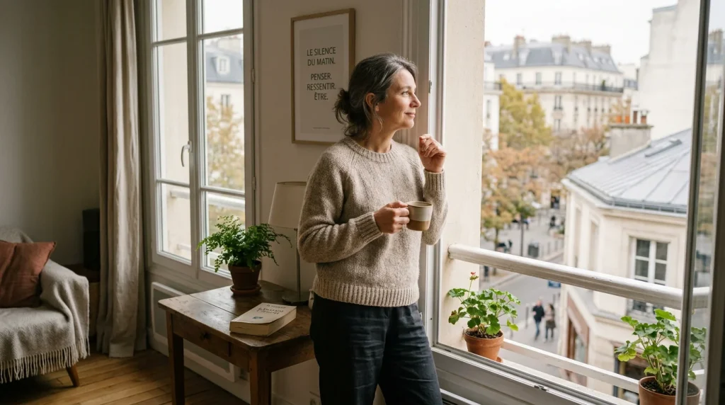 Femme pensive près d'une fenêtre dans une lumière matinale douce, image d'introspection émotionnelle