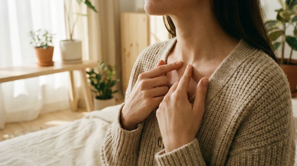 Mains d'une femme pratiquant le tapping sur un point d'acupression au niveau de la clavicule