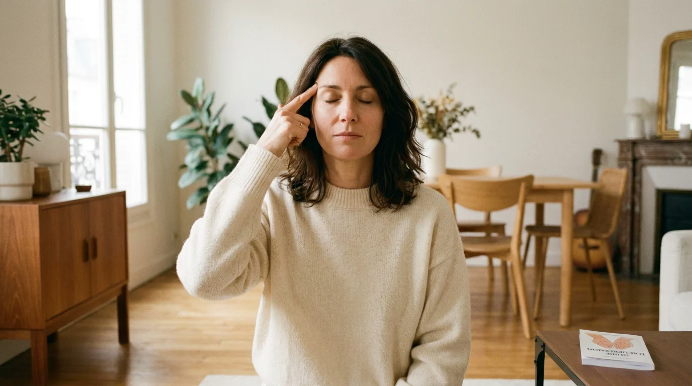Femme pratiquant le tapping sur un point d'acupression lors d'une séance de libération émotionnelle