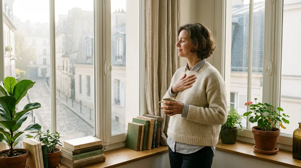 Femme apaisée lors d'un moment de libération émotionnelle près d'une fenêtre