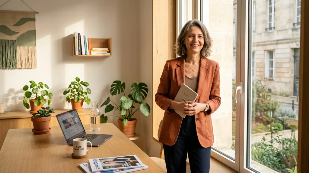 Femme entrepreneure sereine et confiante près d'une fenêtre lumineuse