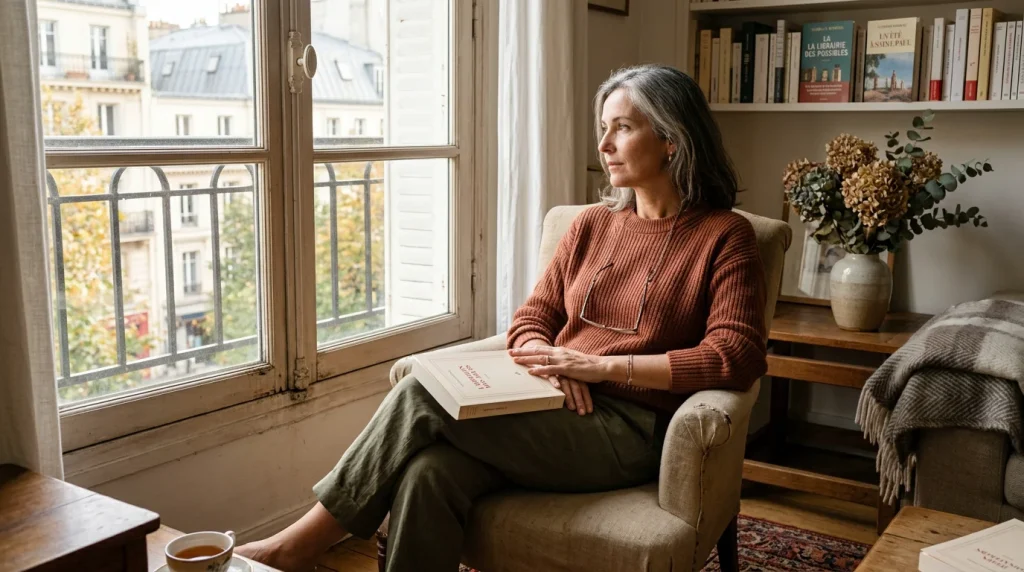 Femme pensive tenant un livre fermé près d'une fenêtre, lumière douce