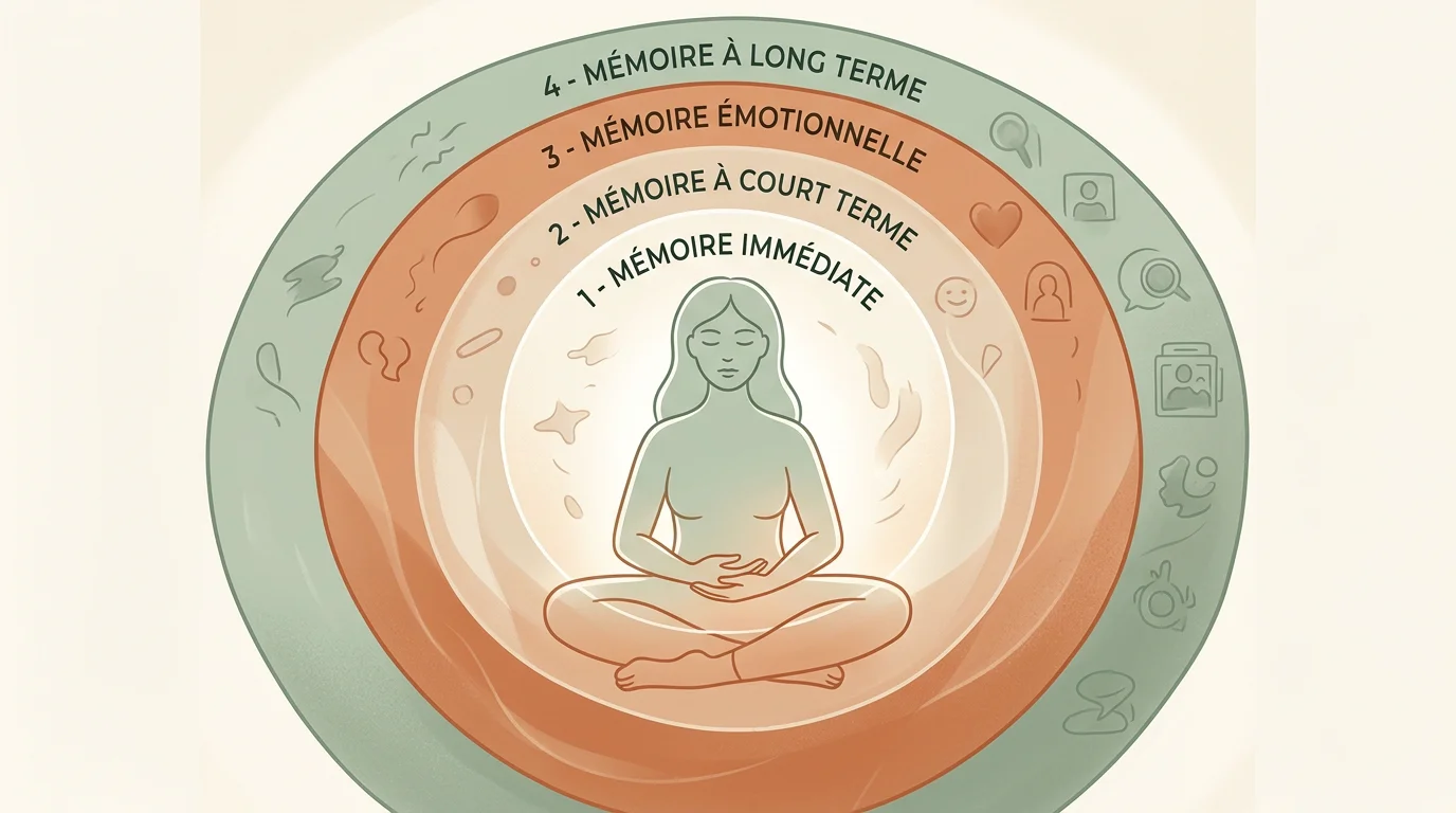Illustration des quatre niveaux de mémoire intérieure autour d'une silhouette apaisée