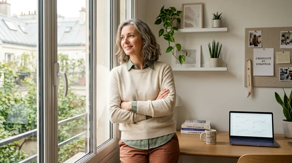 Femme entrepreneure sereine près d'une fenêtre lumineuse