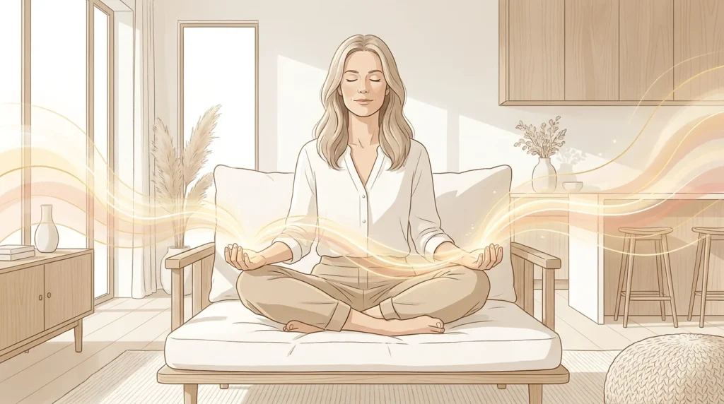 Femme en posture de calme intérieur symbolisant la pratique quotidienne de libération émotionnelle