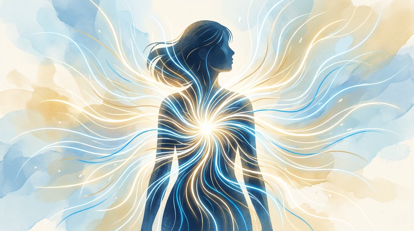 Silhouette féminine irradiant une énergie de libération émotionnelle profonde