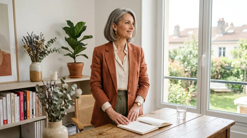 Femme entrepreneure sereine prête à lever ses freins intérieurs