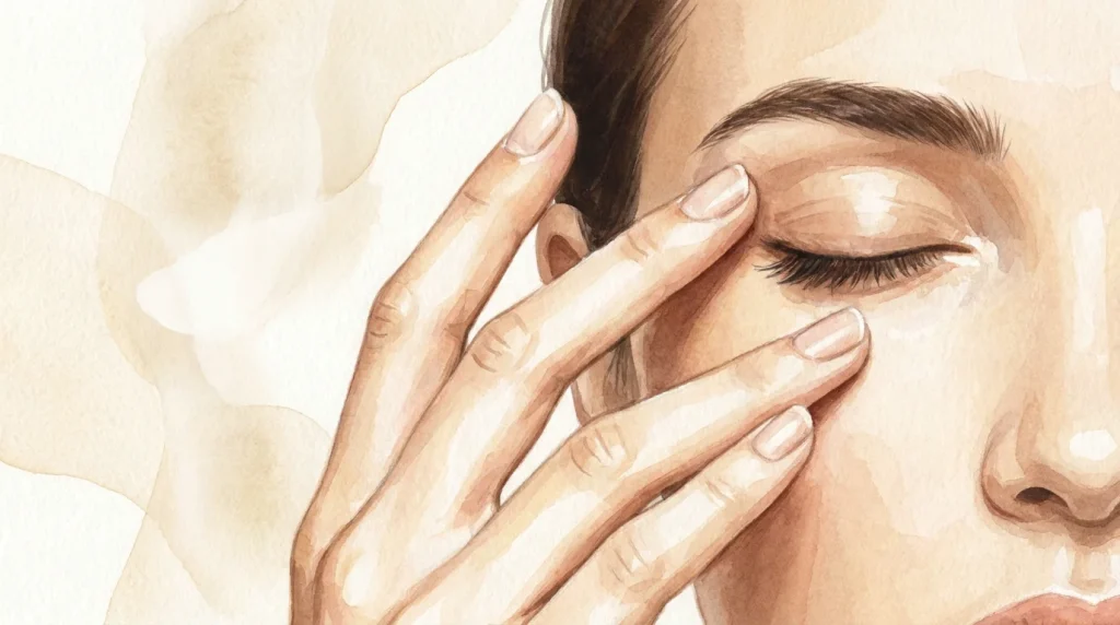 Gros plan sur des mains pratiquant la technique du tapping sur un point d'acupression du visage